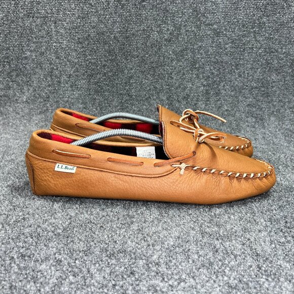 L.L. Bean Moccasin Slippers Men's 12 Brown Leather Fleece Lined Slip On Shoes - Picture 1 of 10